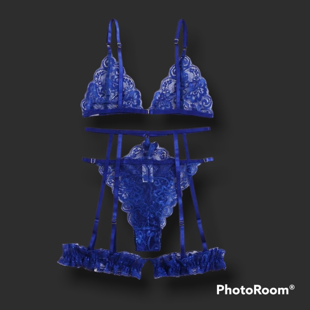 Royal Blue Floral Lace Garter Lingerie Set